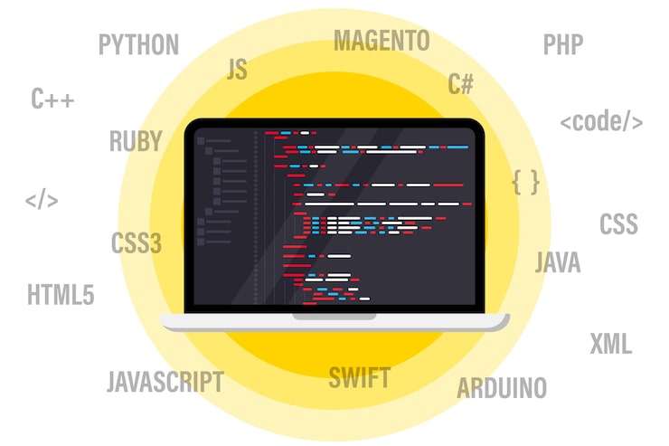 Vektor programmering og kodning på bærbar computer. bedste programmeringssprog, fladt webbanner. softwarekodning, test, fejlfinding. app-udvikling, oprettelse. programmeringssprog og programkode på skærmen