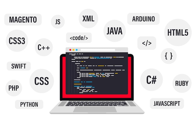 Programmering og kodning på bærbar computer. Bedste programmeringssprog, fladt webbanner. Softwarekodning, test, fejlfinding. App-udvikling, oprettelse. Programmeringssprog og programkode på skærmen