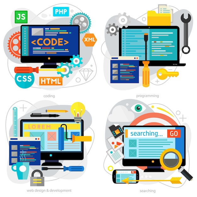 Programmering og kodning, scripting og webstedsudvikling samt webdesignkoncepter. Horisontale bannere