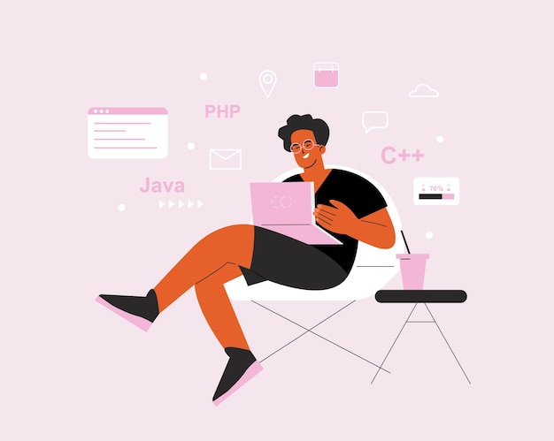 Programmering vektor koncept med nörd pojke som arbetar laptop Student studerar webbspråk java script eller php Man IT utvecklare eller programmerare frilansare karaktär