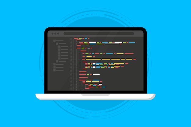 Programmeringsspråk och programkod på skärmen, bärbar dator. Programmeringskodning PHP HTML C CSS