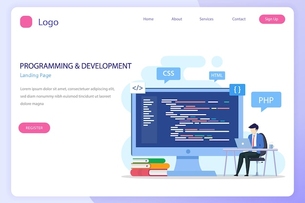 Programmers at work concept People work on table using laptops programming and coding programming languages css html PHP ui Flat vector template style Suitable for Web Landing Pages