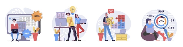 Programmers concept with people scenes set in flat web design Collection of character situation with developers working with code creating programs engineering new software Vector illustrations