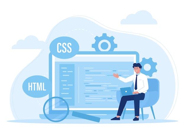 programmers learn programming through computers on websites trending cocept flat illustration