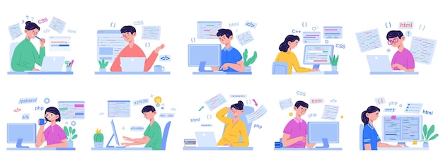 Programmers software developers code engineer characters Human characters working on laptop vector illustration set People using programming language