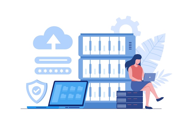 Programmers with laptops working on code and big data. software development, data processing and analysis, data applications and management concept. Flat vector illustration