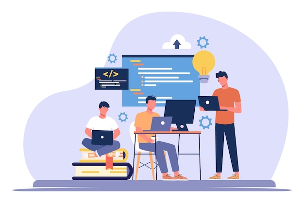 Programmers working on new ideas for website development Vector Illustration