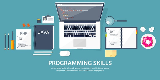 Programming and coding flat computing background code hardware software web development seo search
