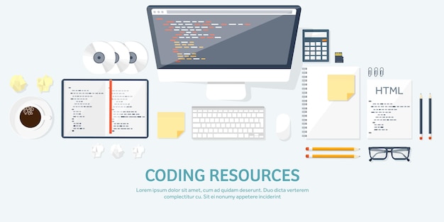 Programming and coding flat computing background code hardware software web development seo search