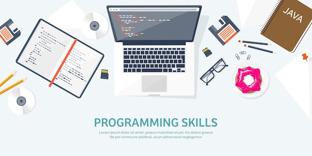 Programming and coding flat computing background code hardware software web development seo search