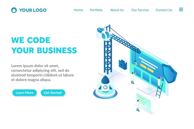 programming and coding isometric landing page template