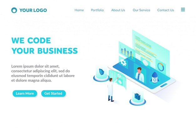 Programming and coding isometric landing page template