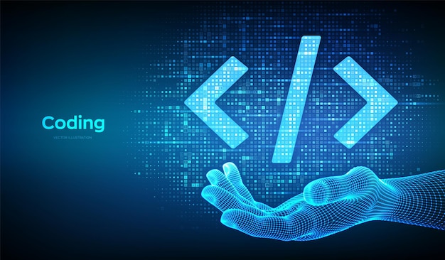 Programming code Coding or Hacker sign Programming code icon made with binary code in wireframe hand