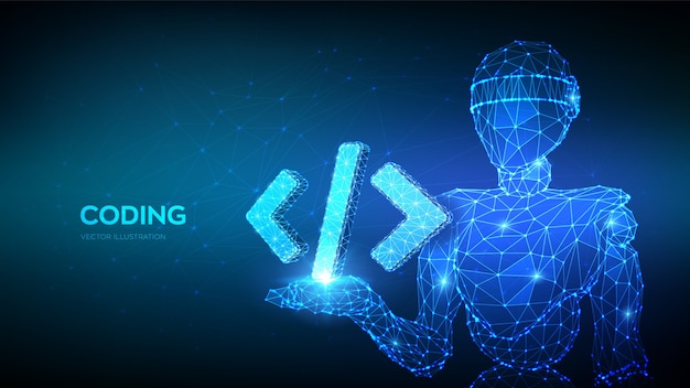 Programming code icon. Abstract 3d robot holding programming code symbol in hand.