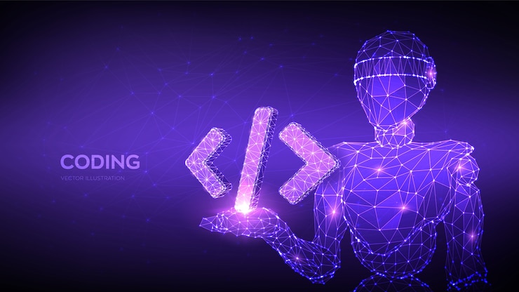 Vektor programming code icon. abstract robot holding programming code symbol in hand. coding background.