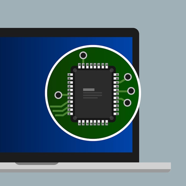 programming coding line of text in laptop screen closeup of electronic circuit board with processor hardware
