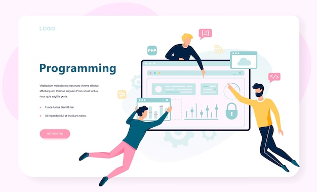 Programming concept. Idea of working on the computer, coding, testing and writing program, using internet and different software. Website development .   illustration in cartoon style