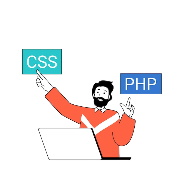 Programming concept with cartoon people in flat design for web Man working as software developer and coding in css and php languages Vector illustration for social media banner marketing material