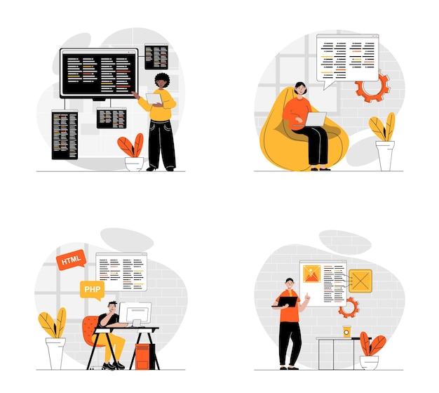 Programming concept with character set Collection of scenes people working with code testing and optimization programs creating new products in IT company Vector illustrations in flat web design