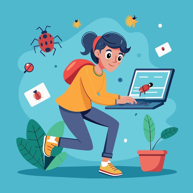 Programming debug search for application software bug and fix code concept young nerd programmer