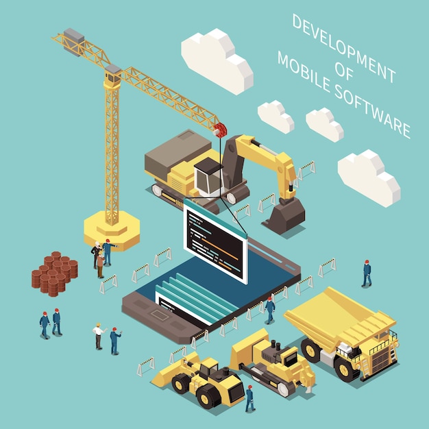 Programming development concept with cloud technology symbols isometric