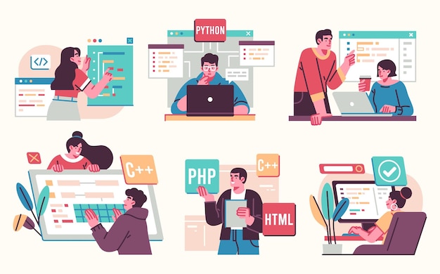 Programming Illustration Set Different characters working on web and application development