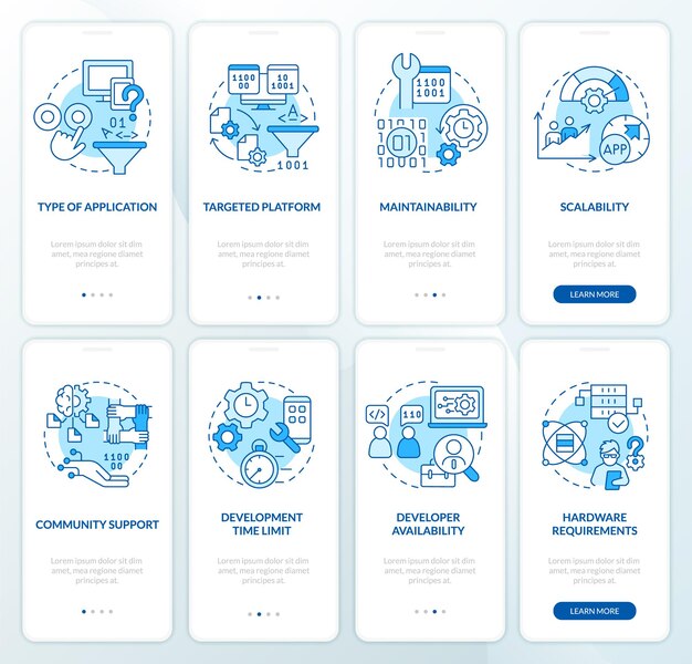 Programming language choice blue onboarding mobile app screen set