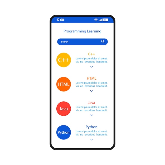 Programming learning smartphone interface vector template. Mobile app page white design layout. Software development, programming language online courses screen. Flat UI for application. Phone display