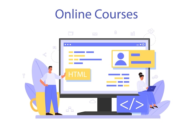 Programming online service or platform. Idea of working on the computer, coding, testing and writing program. Online course. Isolated vector illustration
