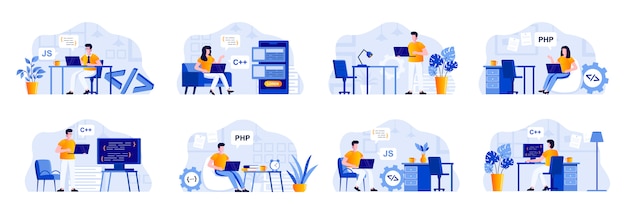Programming scenes bundle with people characters. Frontend and backend developers working with computers in office, software design and coding situations. Programs development flat illustration