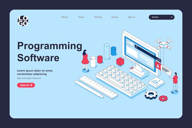 programming software concept in 3d isometric design for landing page template people prototyping products and working with code testing and making optimization programs vector illustration for web