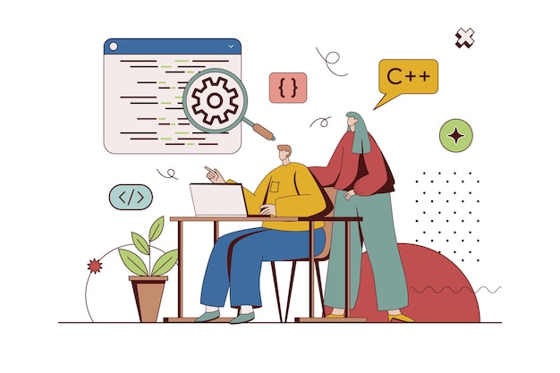 Programming software concept with character situation in flat design Man and woman developers work in team writing and testing code optimize programs Vector illustration with people scene for web