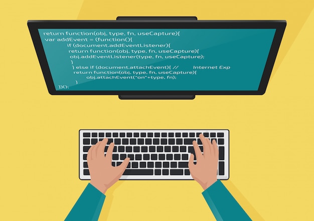 Programming, web development concept. Programmers hands on the keyboard. Code on the screen monitor. Flat illustration.