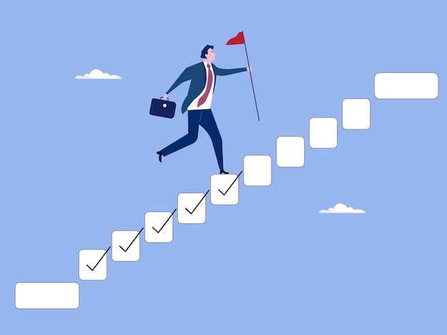 Progression from start to success development or improvement challenge to progress and win competition tasks completion to finish project businessman step on checklist to progress to target