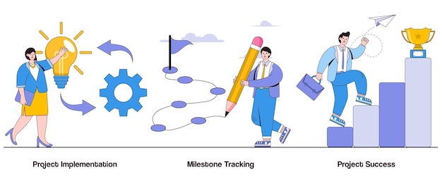 project implementation milestone tracking project success concept with character project execution abstract vector illustration set project planning timely delivery goal achievement metaphor
