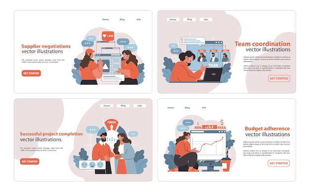 Project management illustration set negotiation coordination and successful completion key phases in