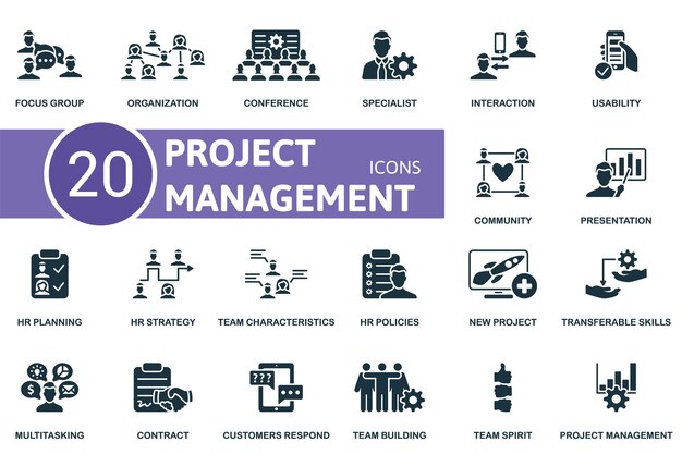 Project management thin line icon set focus group