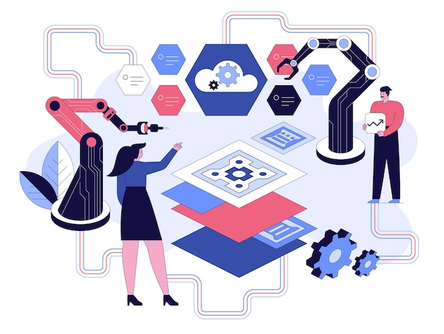 Project team of engineers working at development software Woman manager control process developer holds growth arrow button Robotic hands are programming building Vector character illustration