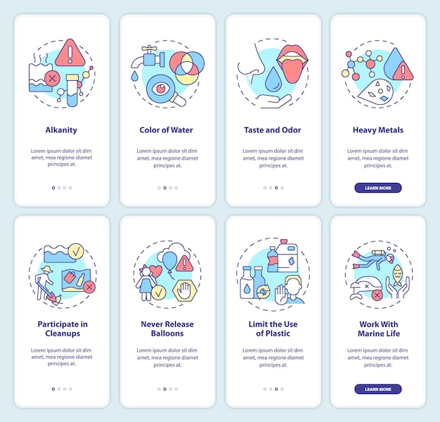Protecting water quality onboarding mobile app screen set Indicators walkthrough 4 steps graphic instructions pages with linear concepts UI UX GUI template Myriad ProBold Regular fonts used