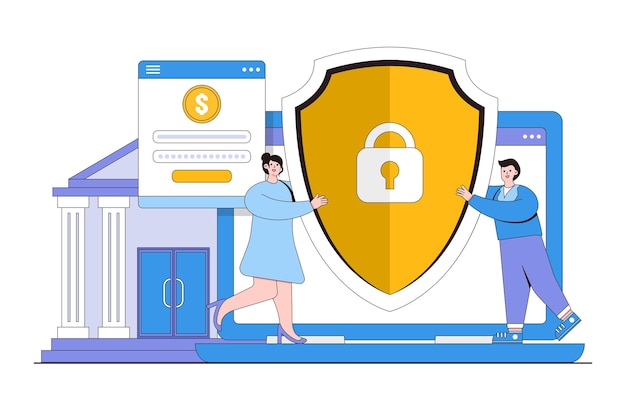 Protection funds from electronic banking system concept Man and woman protecting bank account Outline design style minimal vector illustration for landing page web banner hero images