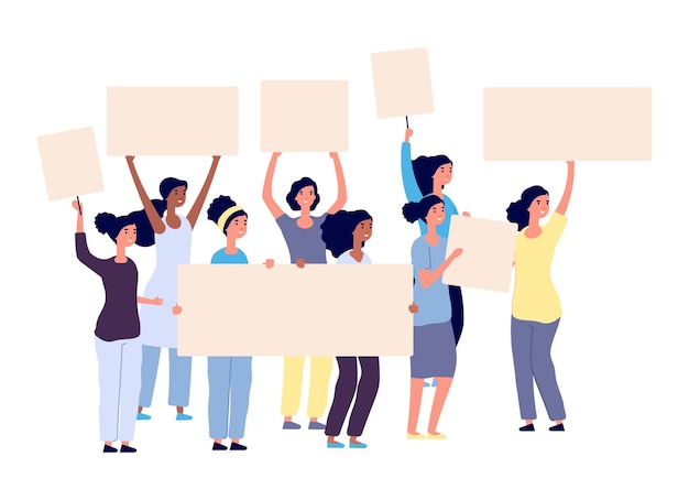 Protestocu kadınlar. Pankartlı uluslararası kadın karakterler. İzole edilmiş aktif kız gücü, feminizm vektör illüstrasyonu. Kadın protestosu ve gösterisi, genç güç aktivizmi