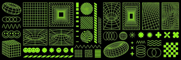 Psychedelic retro futuristic set Surreal geometric shape cyberpunk element and perspective grid