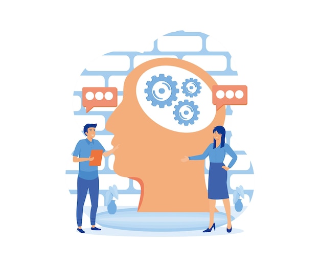 Psychology psychotherapy and psychiatry counseling concept Human head with brain Man psychologist and female patient flat vector modern illustration