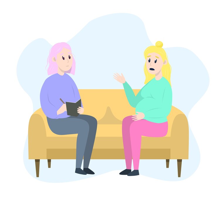 Psychotherapy session pregnant woman talking to psychologist sitting on sofa mental health concept