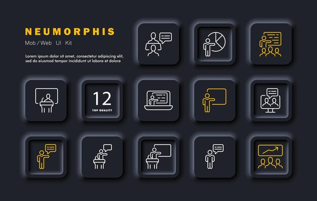 Public speaking set line icon Corporation laptop presentation pie chart information analysis pedistal Neomorphism style Vector line icon for business and advertising