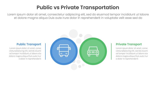 public transport vs personal vehicle comparison concept for infographic template banner with big circle side by side with two point list information