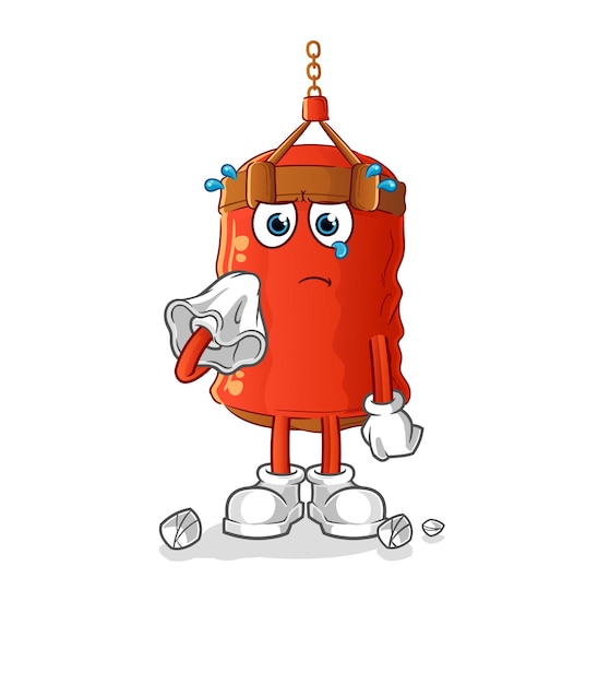 Punching bag cry with a tissue. cartoon mascot vector