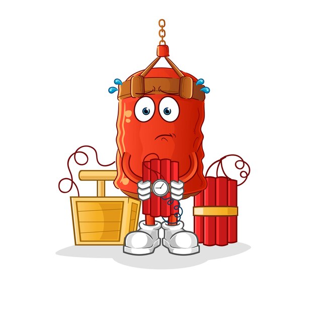 Punching bag holding dynamite character. cartoon mascot vector