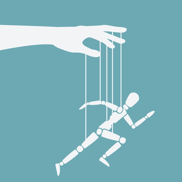 puppet marionette on ropes is running man