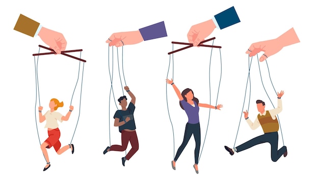 Puppeteers hands control people hanging from ropes Trapped men or women exploitation Marionette victim on threads Domination authority Abuse leadership Vector puppet persons set